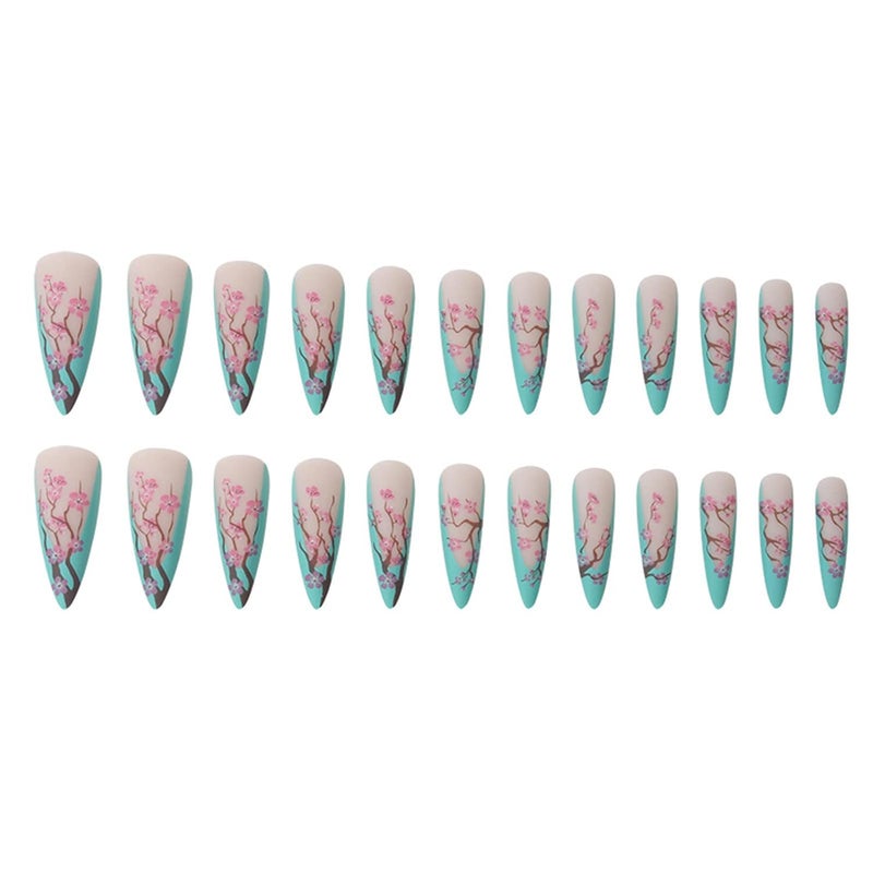 SINHOT Long Press On Nails Stiletto False Nails French Tip Fake Nails Ombre Glue on Nail Plum Blossom Acrylic Nail with Designs for Women and Girls - Image 4